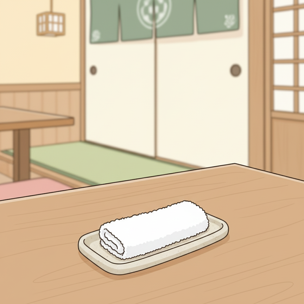 A white oshibori towel neatly folded into a small rectangle resting on an oblong ceramic tray on a restaurant table