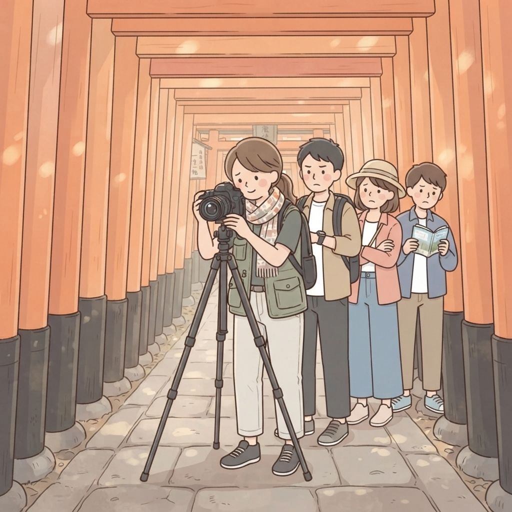 นักท่องเที่ยวตั้งขาตั้งกล้องไว้ในจุดที่ดีที่สุดของอุโมงค์เสาโทริอิและใช้เวลานาน ขณะที่ผู้มาเยือนคนอื่นต่อแถวรออยู่ข้างหลัง