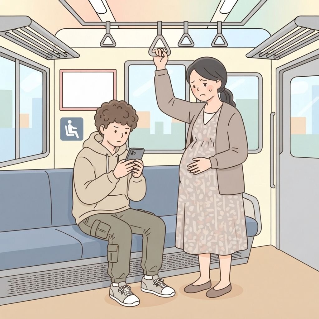นักท่องเที่ยวนั่งบนที่นั่งพิเศษในรถไฟและจ้องโทรศัพท์ ขณะที่หญิงตั้งครรภ์ที่เห็นได้ชัดยืนอยู่ตรงหน้าและจับห่วงจับ
