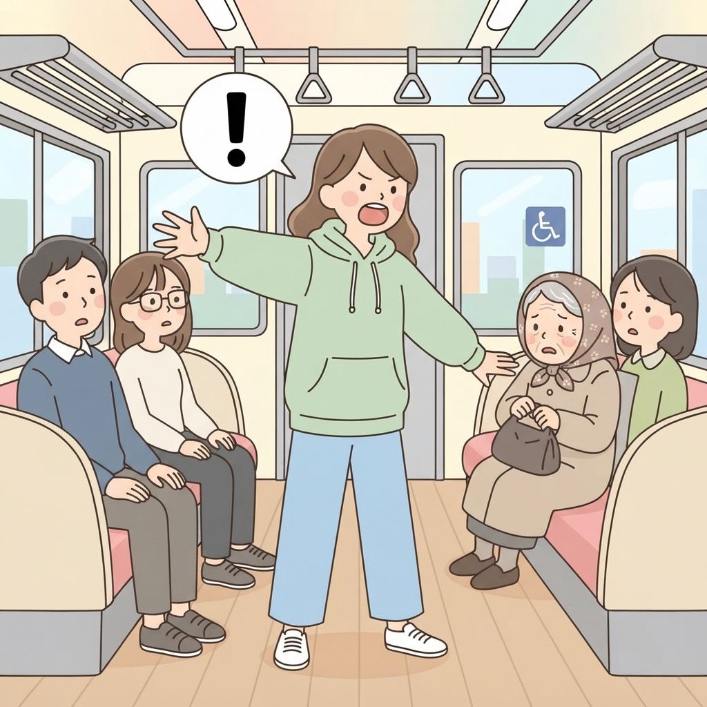 นักท่องเที่ยวยืนในตู้รถไฟกางแขนกว้างชี้ไปยังที่นั่งพร้อมอ้าปากตะโกน หญิงสูงอายุถอยหดตัวขณะที่ผู้โดยสารคนอื่นหันมามอง