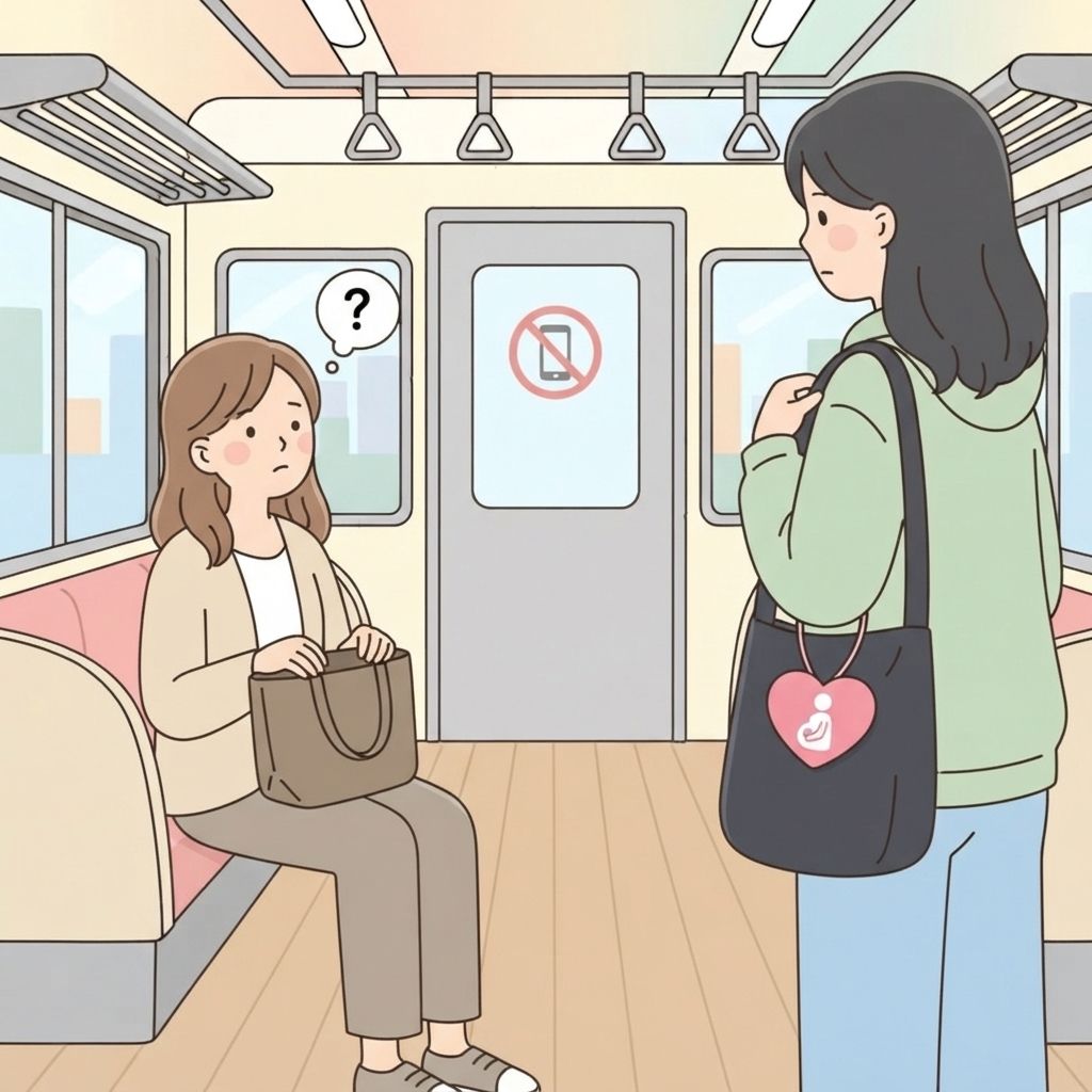 นักท่องเที่ยวที่นั่งบนรถไฟเหลือบมองเข็มกลัดสีชมพูรูปหัวใจเล็กๆ ที่ห้อยอยู่กับกระเป๋าของหญิงสาว แล้วหันไปโดยไม่เข้าใจความหมาย
