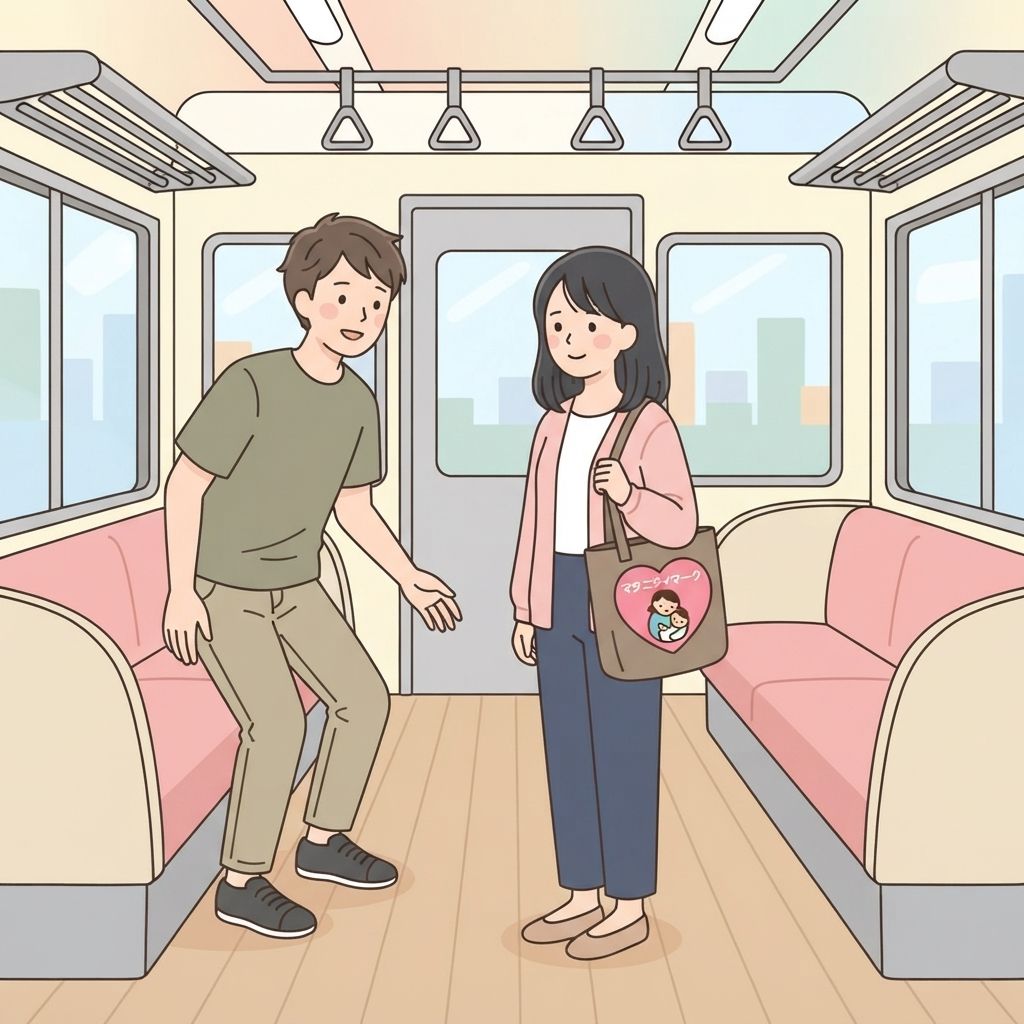 นักท่องเที่ยวลุกจากที่นั่งบนรถไฟและทำท่าเชิญให้หญิงสาวที่กระเป๋าของเธอมีเข็มกลัดสีชมพูรูปหัวใจพร้อมภาพสัญลักษณ์แม่และเด็ก