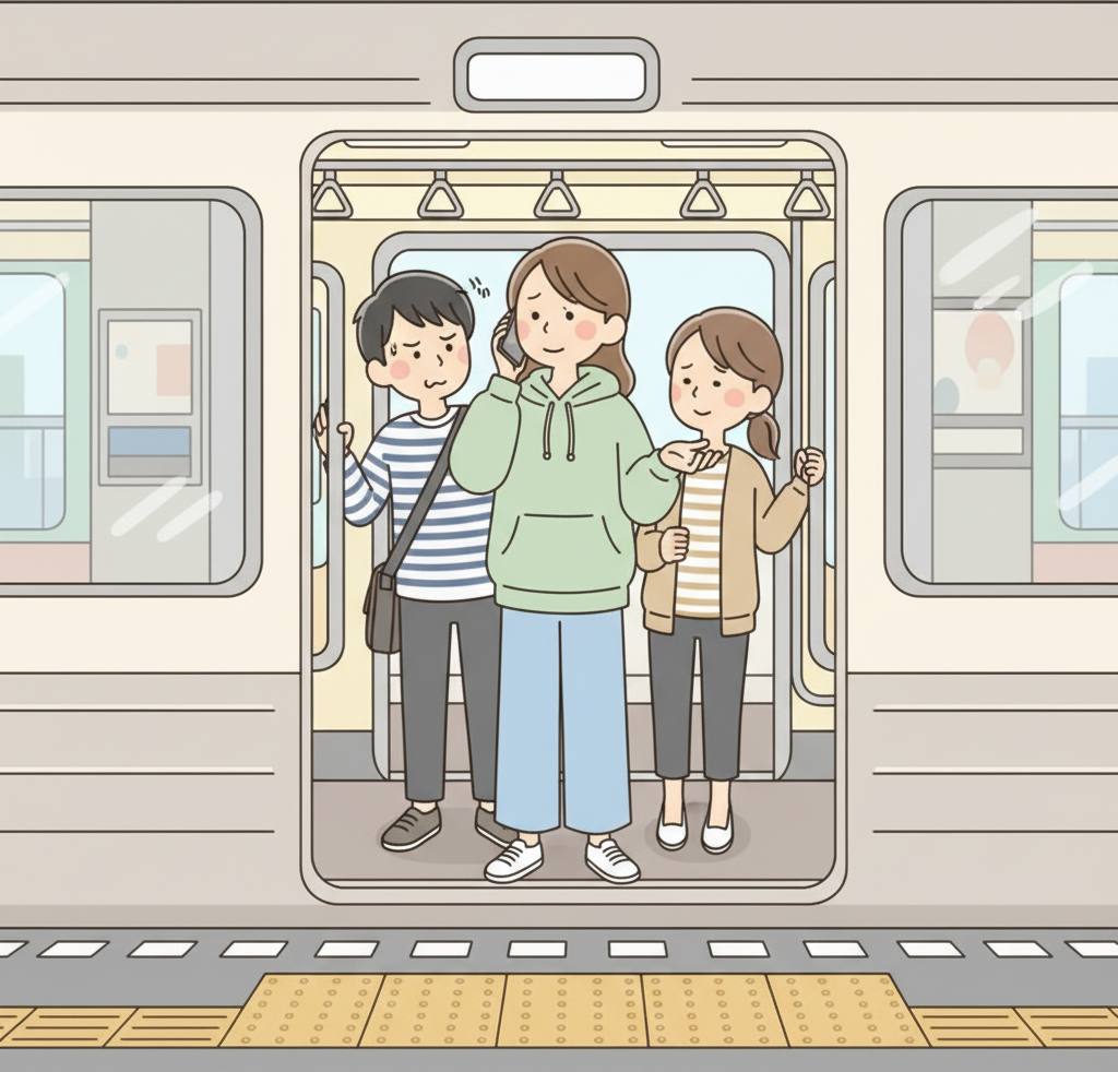 A person standing dead-center in front of open train doors, blocking two people trying to exit