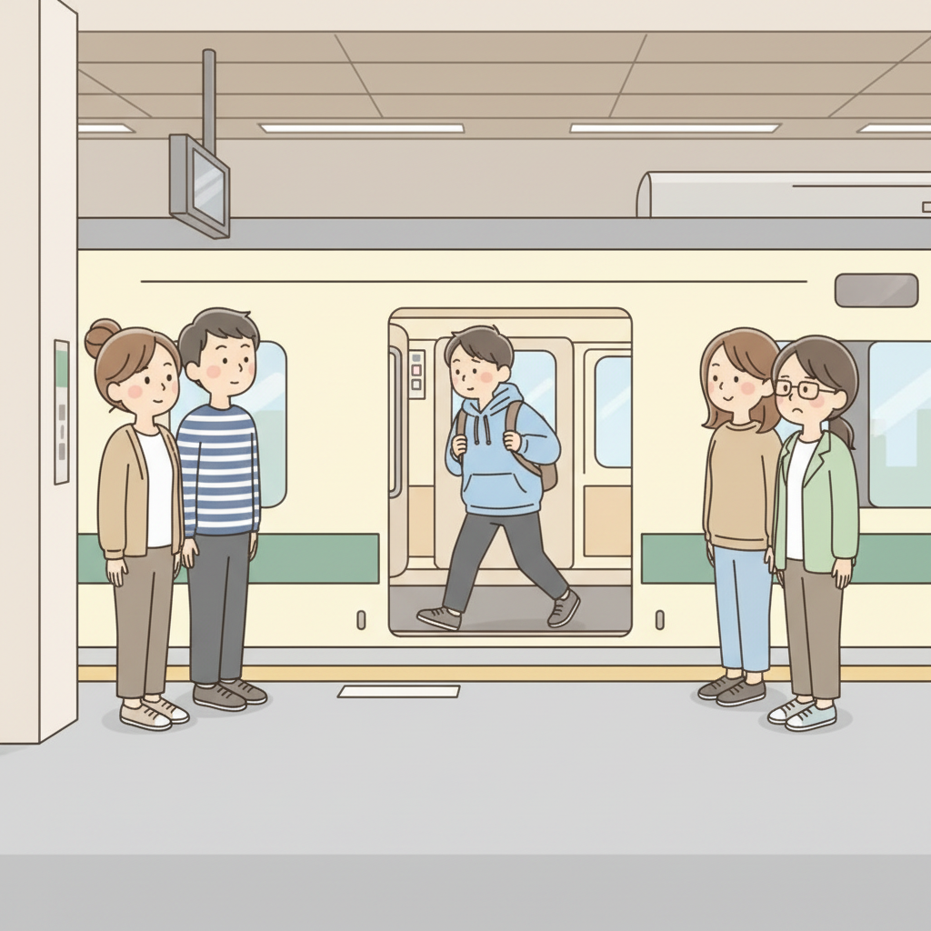 Two neat lines of people on either side of an open train door, leaving the center clear for a passenger stepping off