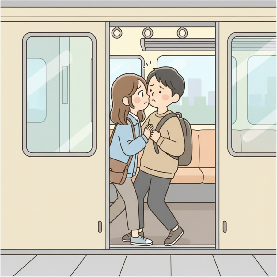 Two people awkwardly pressed together in a train doorway, one trying to board while the other is still exiting