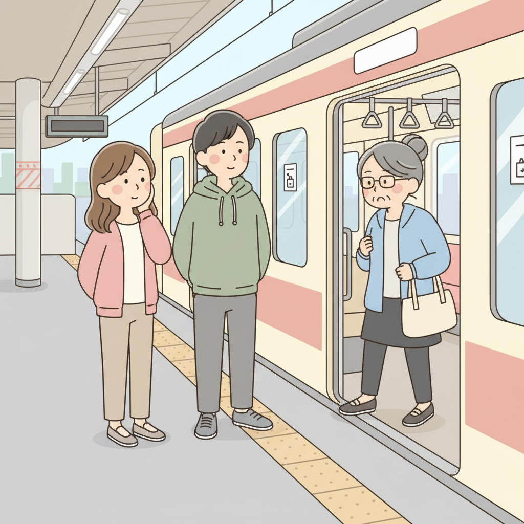 Two people waiting calmly on the platform as an older woman finishes stepping off the train