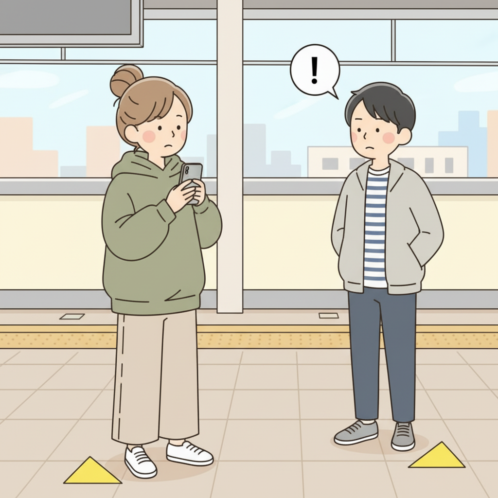 A person standing randomly on a platform ignoring the triangle floor markers, while someone nearby queued at the marker looks puzzled