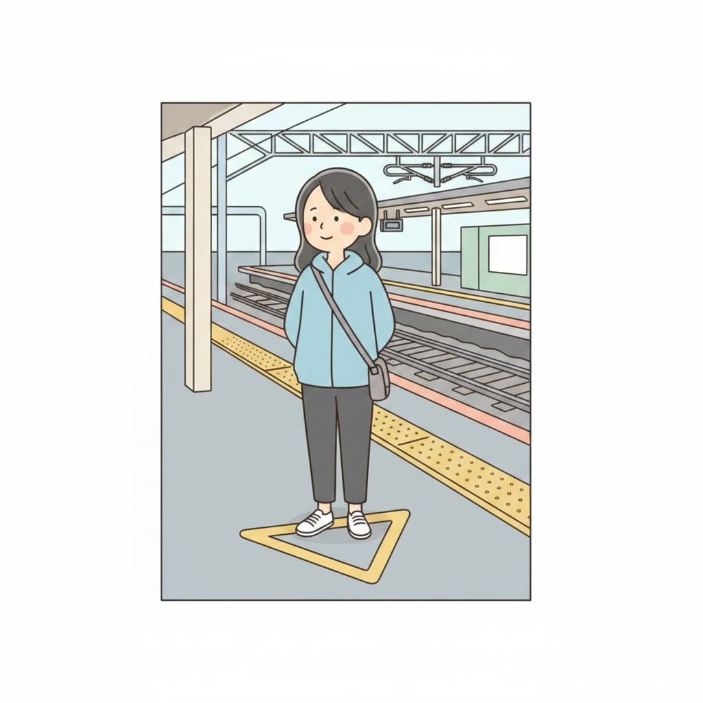 A person standing behind a painted triangle marker on a train station platform, waiting calmly