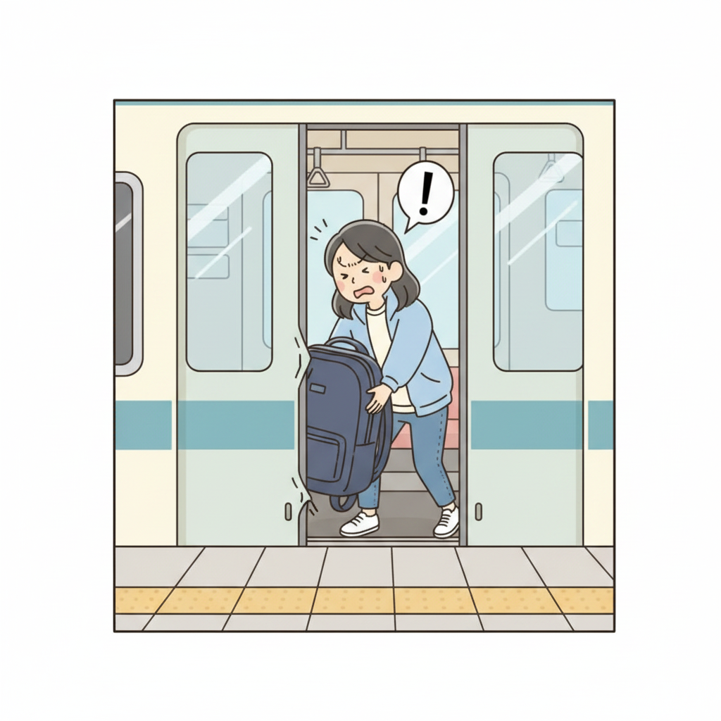 A person jamming a large suitcase into closing train doors to hold them open