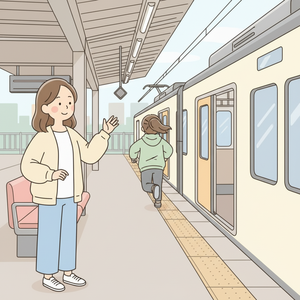 A person on the platform waving calmly as a friend runs toward the already-closing train doors