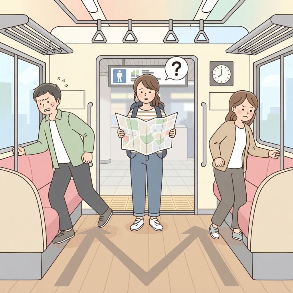 นักท่องเที่ยวยืนขวางกลางประตูรถไฟที่เปิดอยู่ ขณะที่ผู้โดยสารสองคนที่จะลงต้องเบียดออกทางด้านข้างทั้งสองฝั่ง