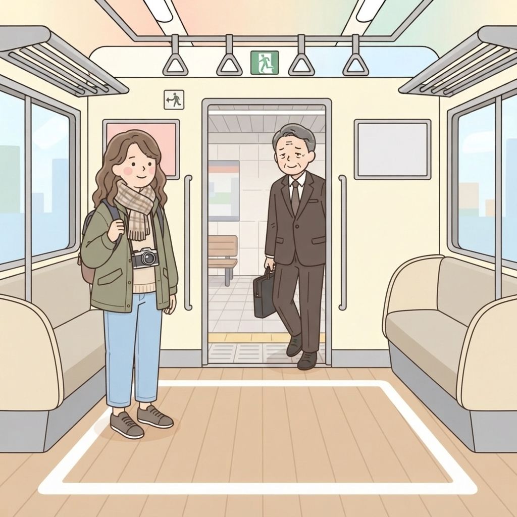 นักท่องเที่ยวยืนอยู่ด้านข้างประตูรถไฟบนเส้นที่ทาไว้ เว้นกลางประตูให้โล่งขณะที่ผู้โดยสารก้าวลง