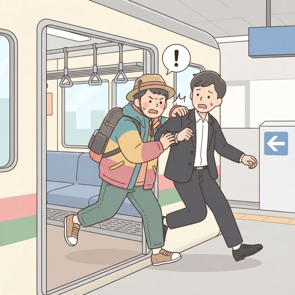 นักท่องเที่ยวดันเข้าประตูรถไฟขณะที่ผู้โดยสารยังก้าวลงไม่เสร็จ ทั้งสองชนไหล่กันตรงประตู