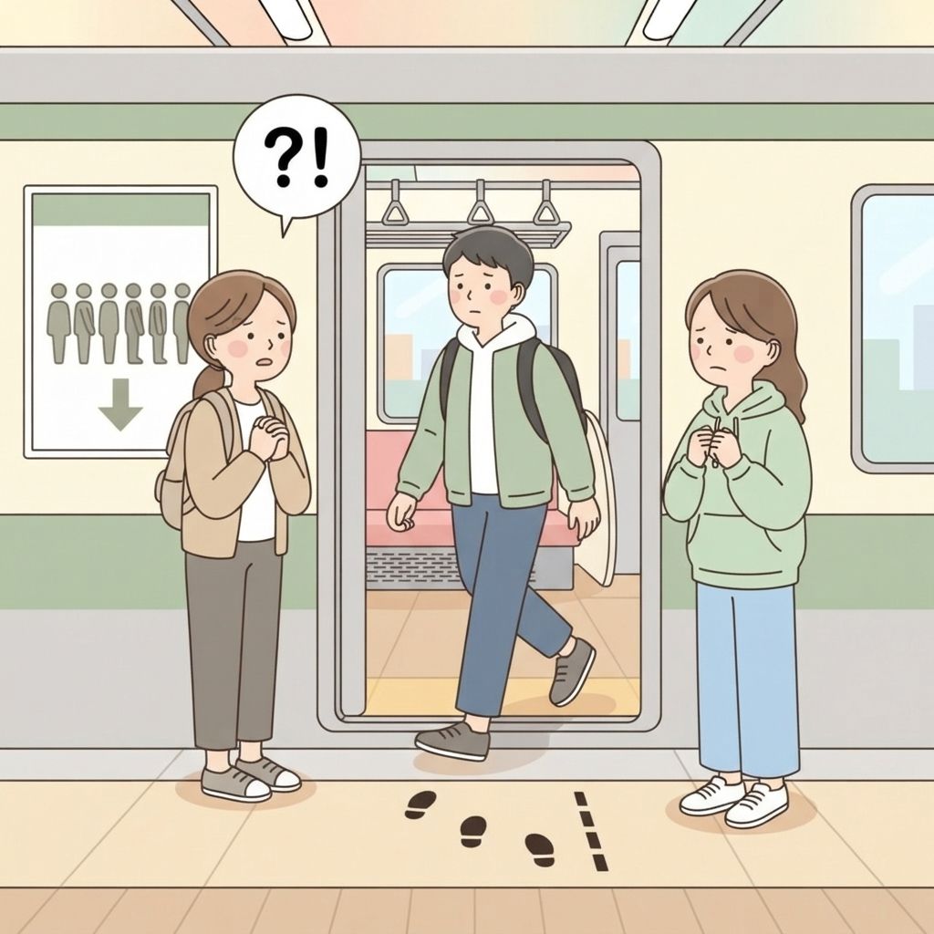 นักท่องเที่ยวรออยู่บนชานชาลาข้างประตูรถไฟจนผู้โดยสารคนสุดท้ายลงพ้น แล้วยกเท้าข้างหนึ่งเตรียมก้าวขึ้น