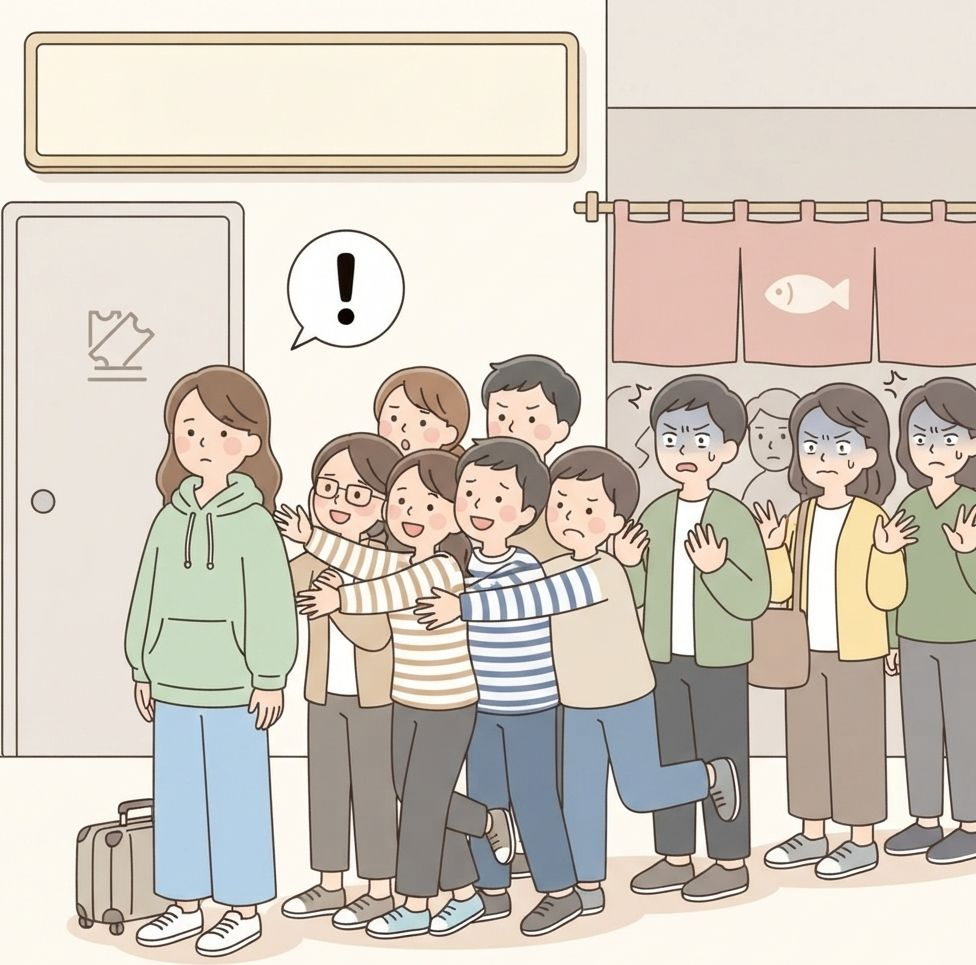 นักท่องเที่ยวคนหนึ่งยืนอยู่ในแถว แล้วเพื่อนอีกห้าคนเบียดเข้ามาที่จุดเดียวกัน คนข้างหลังมองแถวที่พองขึ้น
