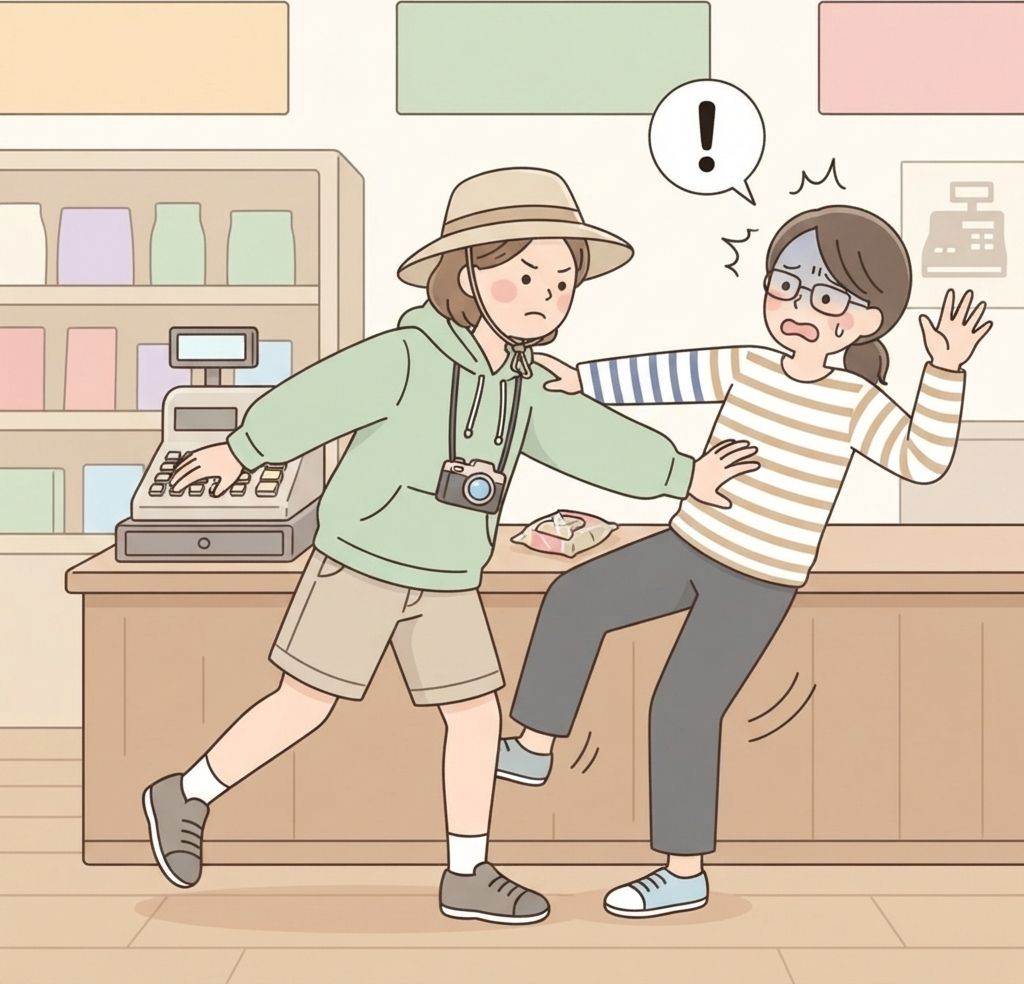 นักท่องเที่ยวเบียดแซงลูกค้าอีกคนที่แคชเชียร์เพื่อไปถึงเคาน์เตอร์ก่อน ทำให้ลูกค้าคนนั้นเซถอยไปหนึ่งก้าว