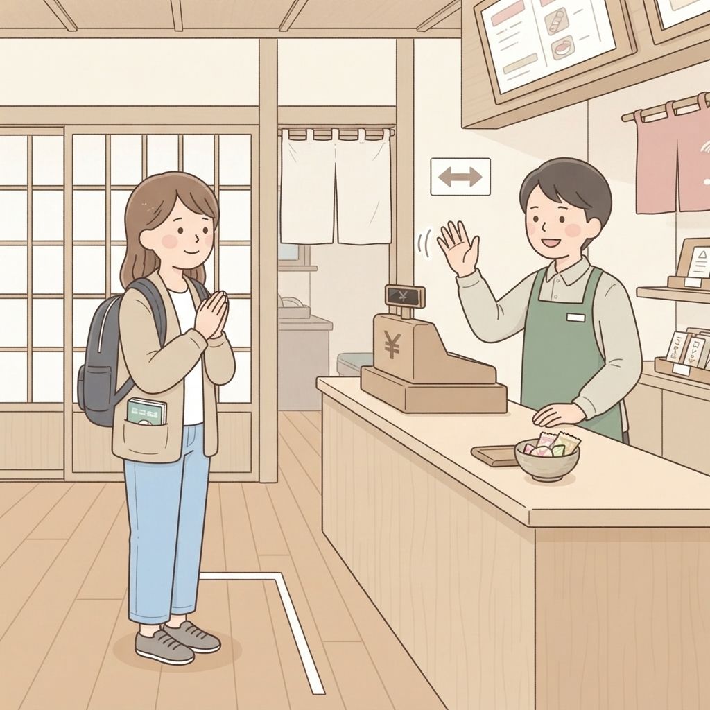 นักท่องเที่ยวรออยู่หลังเส้นที่เคาน์เตอร์ร้านจนกว่าพนักงานจะยกมือเรียกให้เข้าไป