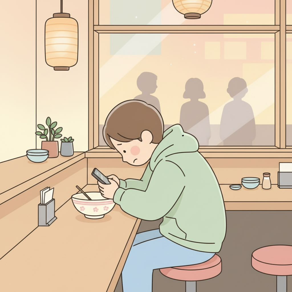 空のどんぶりの前でスマホをスクロールしながらカウンターにもたれている人、窓の外に並んでいる人のシルエット