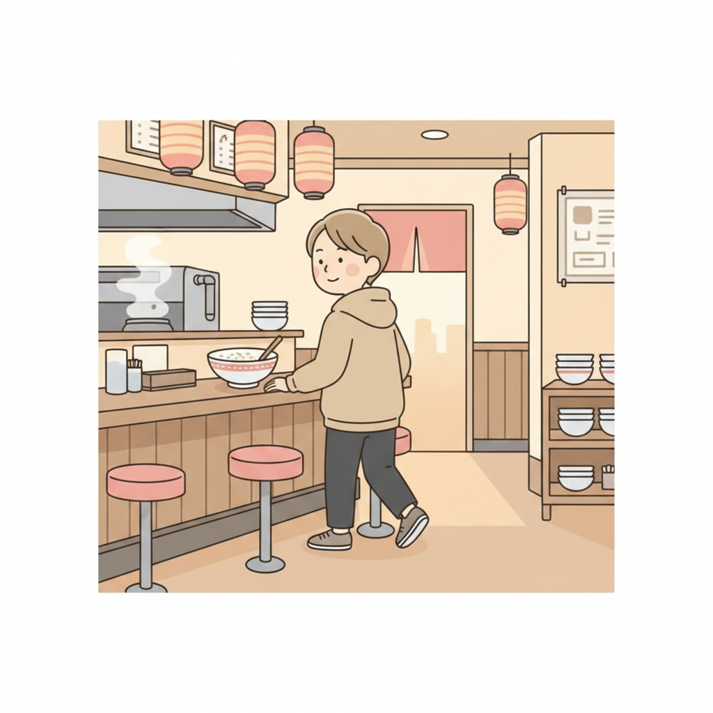 どんぶりを食べ終えてカウンターのスツールから立ち上がり出口に向かっている人