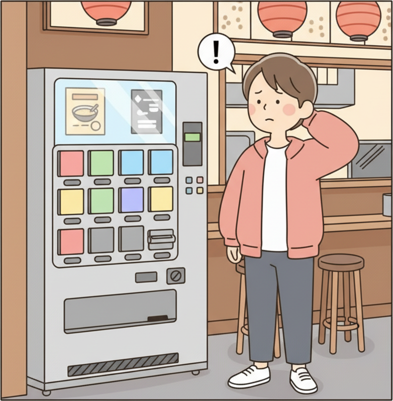 ラーメン屋の入口にある大きな食券券売機の前で頭をかいて困惑している人