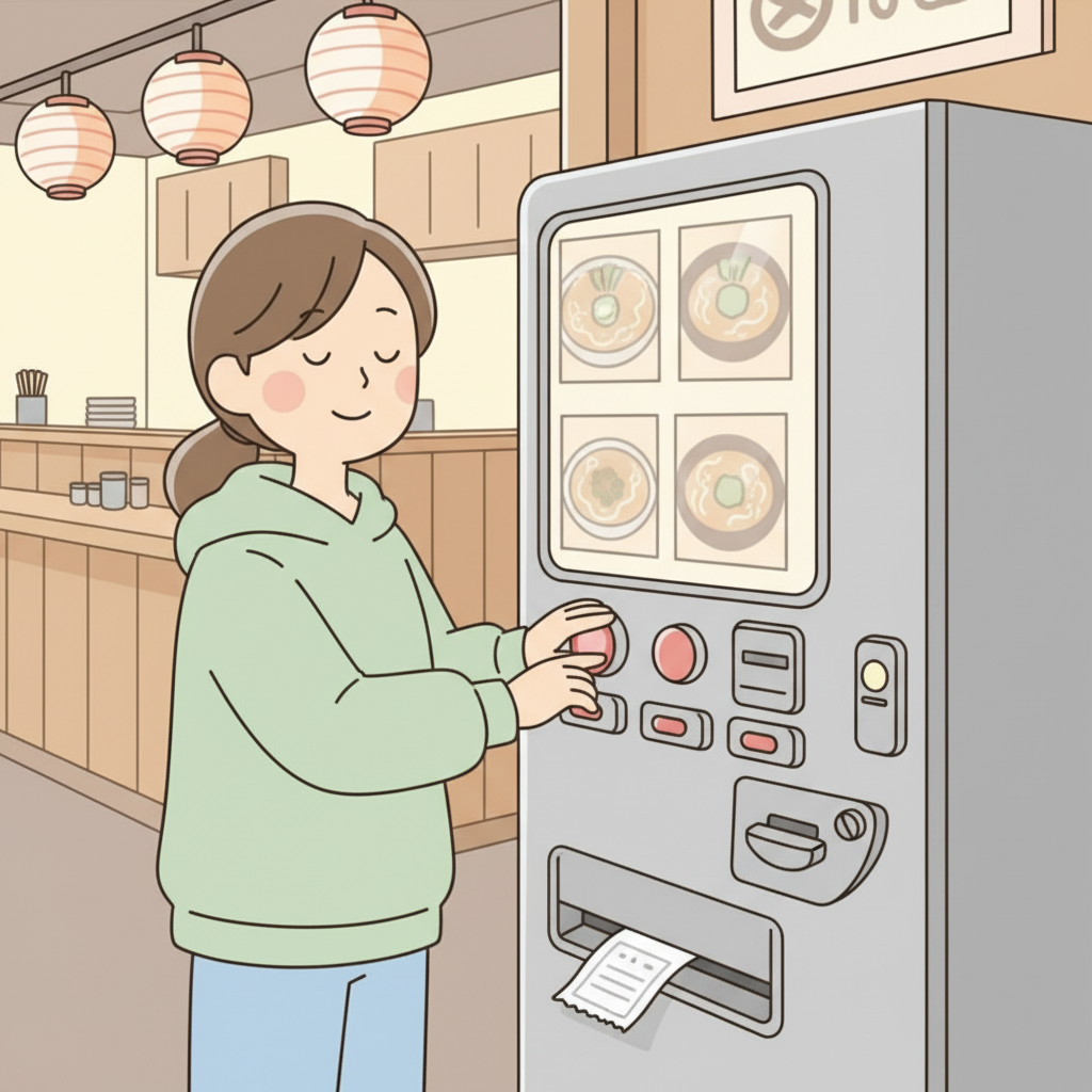 食券券売機の大きなボタンを自信を持って押しており、スロットから食券が出てきている人