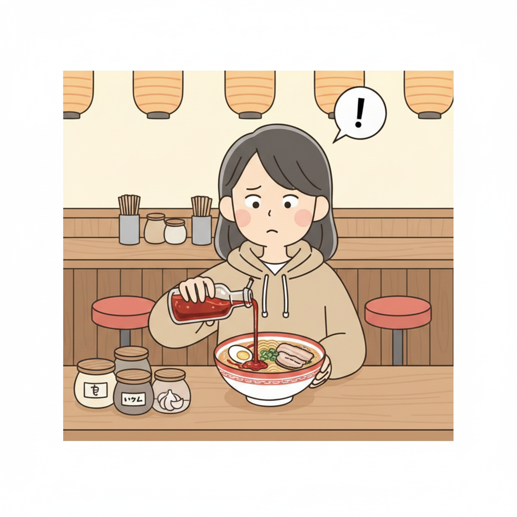 手つかずのラーメンどんぶりに大量の赤いラー油を注いでいる人、カウンターに調味料の瓶