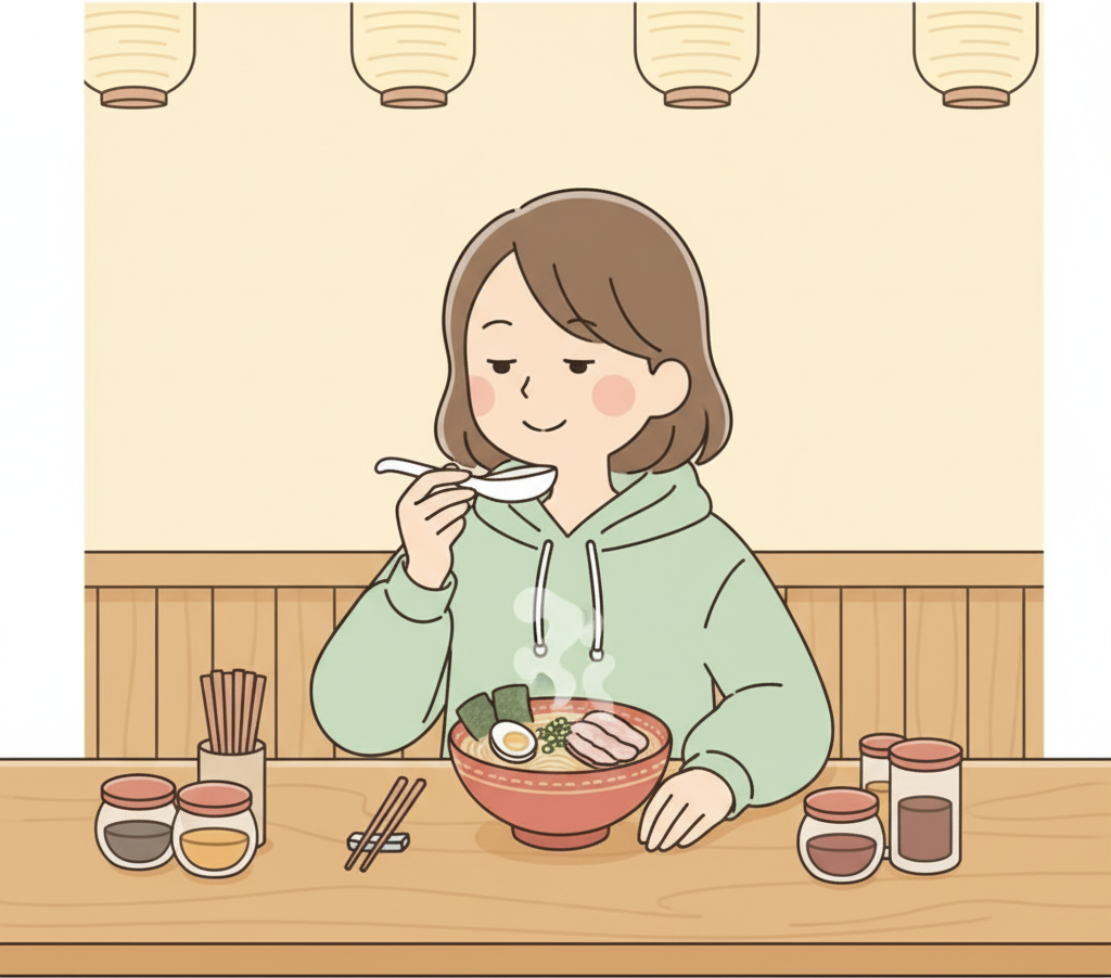ラーメンのスープを目を閉じて満足そうに一口すすっている人、調味料の瓶は触れずにある
