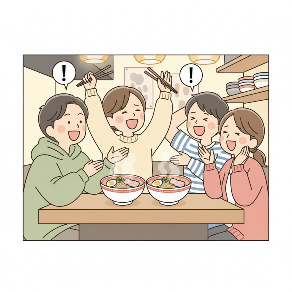 小さなラーメンカウンターに4人が詰め込まれて大声で話している