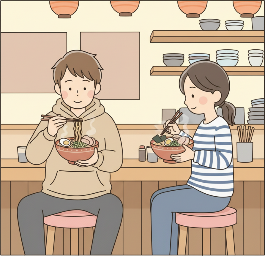 2人が静かに横並びでカウンターに座り、それぞれ自分のどんぶりに集中している