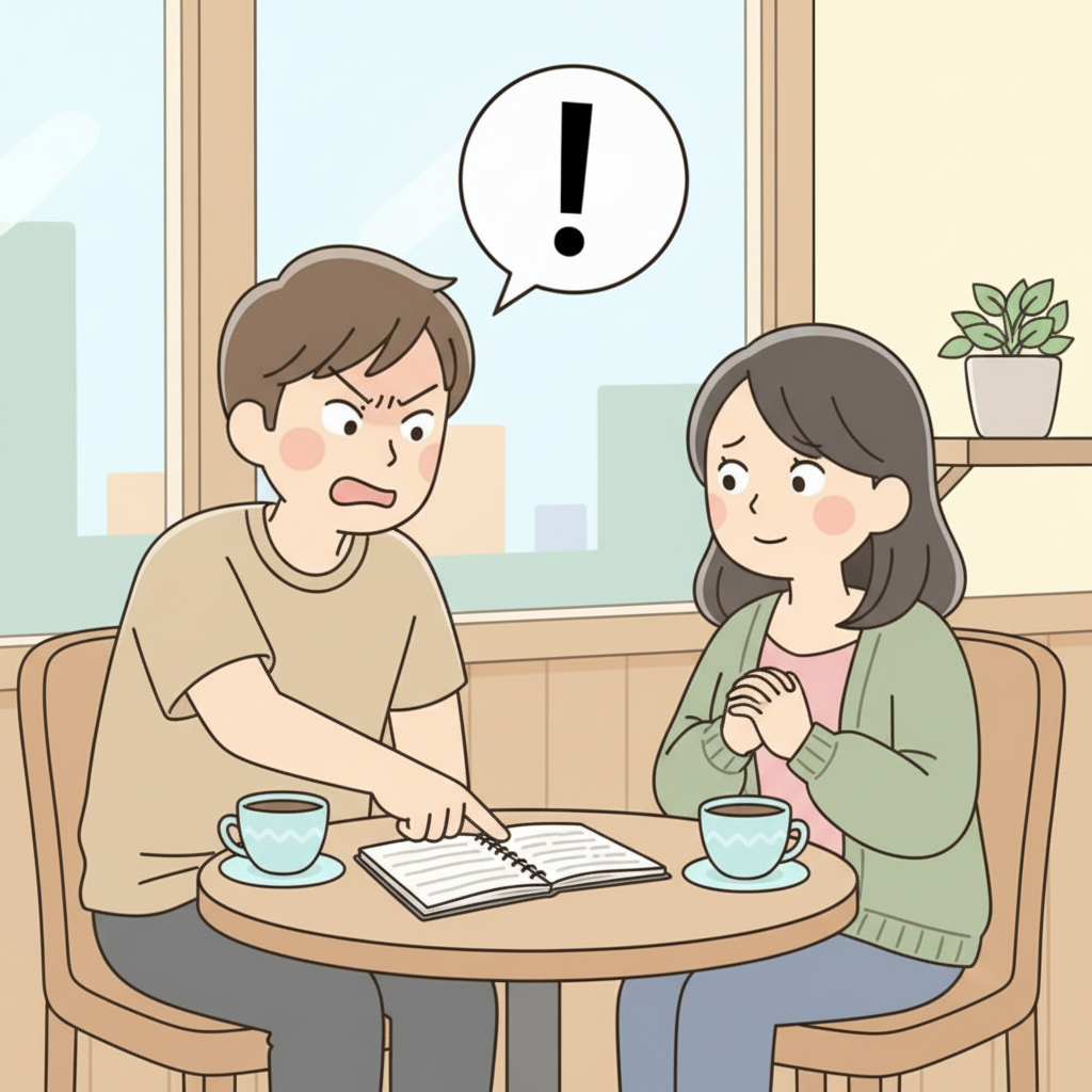 นักท่องเที่ยวต่างชาติเอนตัวข้ามโต๊ะคาเฟ่ ชี้นิ้วยืนยันที่สมุดบันทึกเรียกร้องคำตอบใช่หรือไม่ใช่ที่ชัดเจน หญิงชาวญี่ปุ่นที่นั่งตรงข้ามดูอึดอัดและเครียดอย่างเห็นได้ชัด มีถ้วยกาแฟสองใบระหว่างพวกเขา