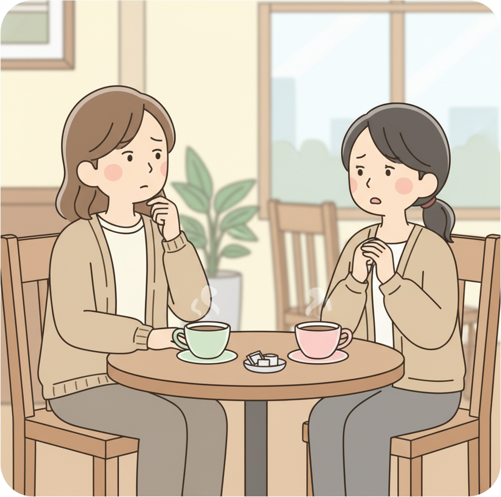นักท่องเที่ยวต่างชาตินั่งใจเย็นตรงข้ามโต๊ะคาเฟ่ฟังอย่างตั้งใจด้วยสีหน้าครุ่นคิดและจดจ่อ หญิงชาวญี่ปุ่นหยุดกลางประโยคด้วยสีหน้าลังเล มีถ้วยกาแฟสองใบระหว่างพวกเขา นักท่องเที่ยวสังเกตการหยุดอย่างเงียบๆ