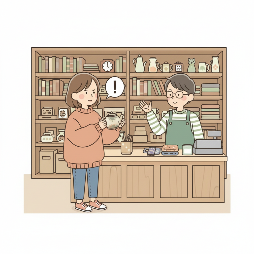 중고샵 계산대에서 상품을 들어 보이며 더 낮은 가격을 요구하는 손님, 정중하게 고개를 젓는 직원, 뒤로 상품 진열대