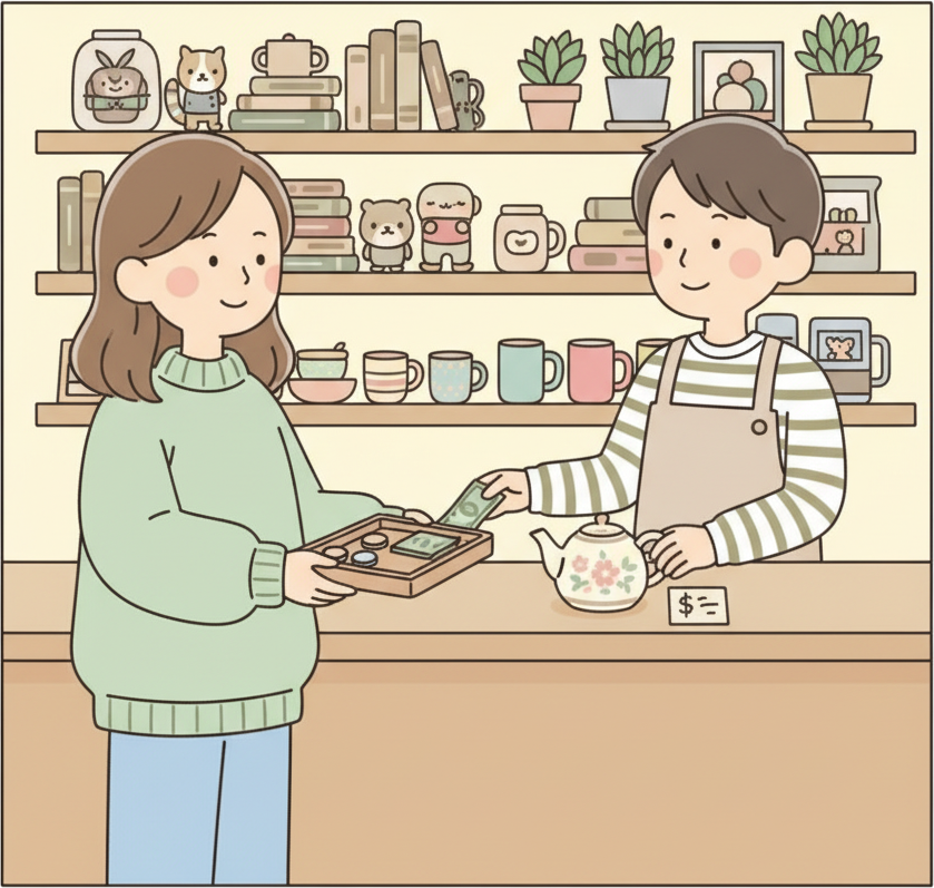 중고샵 계산대에서 표시된 가격을 차분히 지불하는 손님, 미소 짓는 직원, 뒤로 깔끔하게 정리된 진열대