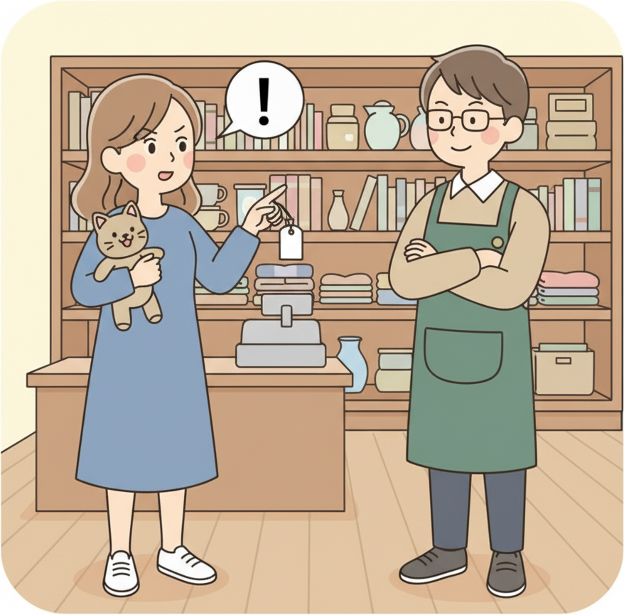 가격표를 가리키며 상품의 상태 등급에 대해 직원과 다투는 손님, 단호하지만 정중한 직원, 정돈된 중고샵 내부