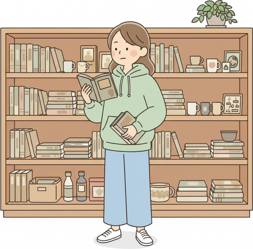 휴대폰을 보며 진열대의 비슷한 두 상품을 차분히 비교하는 손님, 깔끔한 중고샵에서 신중하게 비교 쇼핑하는 모습