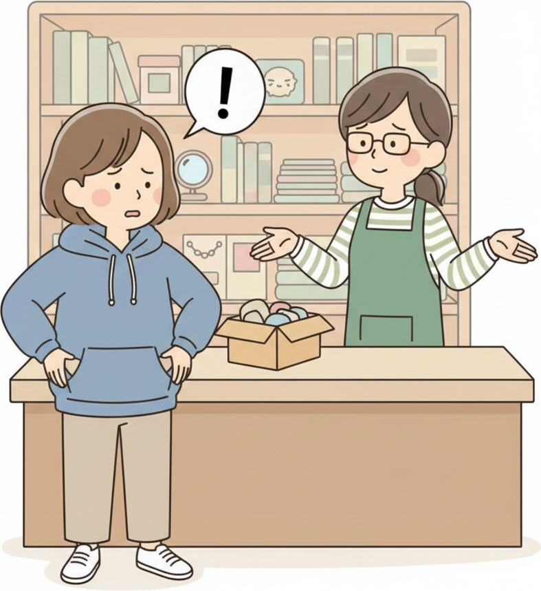 매입 카운터에서 물건이 든 상자를 두고 신분증을 깜빡해 빈 주머니를 두드리는 손님, 도와줄 수 없어 두 손을 펴 보이는 직원