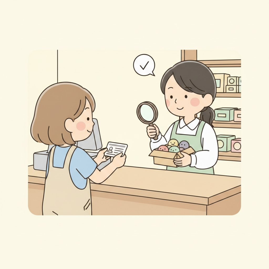 매입 카운터에서 직원에게 신분증을 내미는 손님, 상자에 든 물건을 꼼꼼히 검수하는 직원, 원활하고 친근한 거래