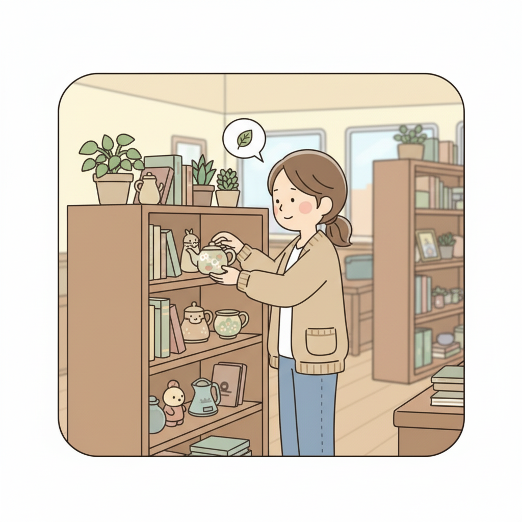 깔끔하게 정리된 중고샵 진열대에서 찾은 자리에 정확히 상품을 살며시 되돌려놓는 손님, 단정하고 조심스러운 분위기