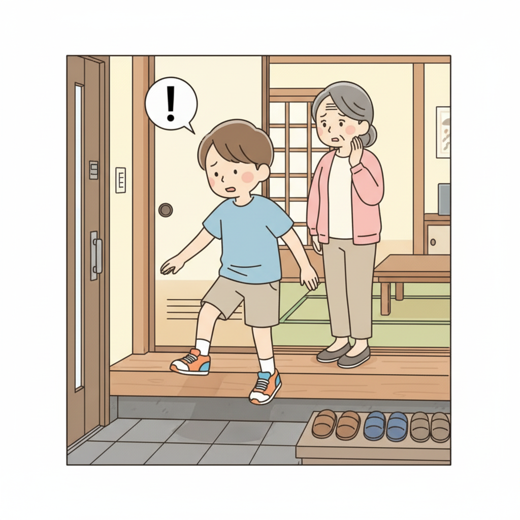 A child stepping up onto the raised wooden floor of a genkan in outdoor shoes, while a grandmother looks on in dismay