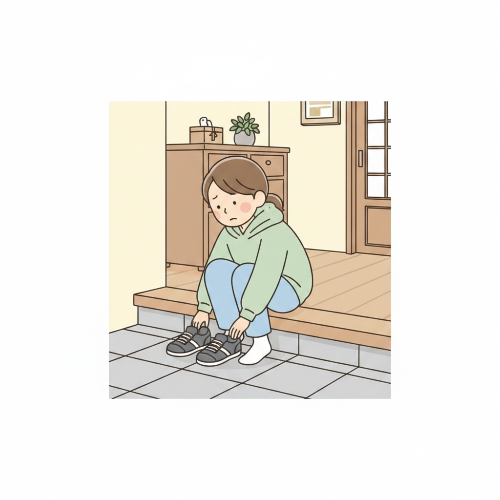 A person crouching at the lower tile area of a genkan, removing their sneakers before stepping up