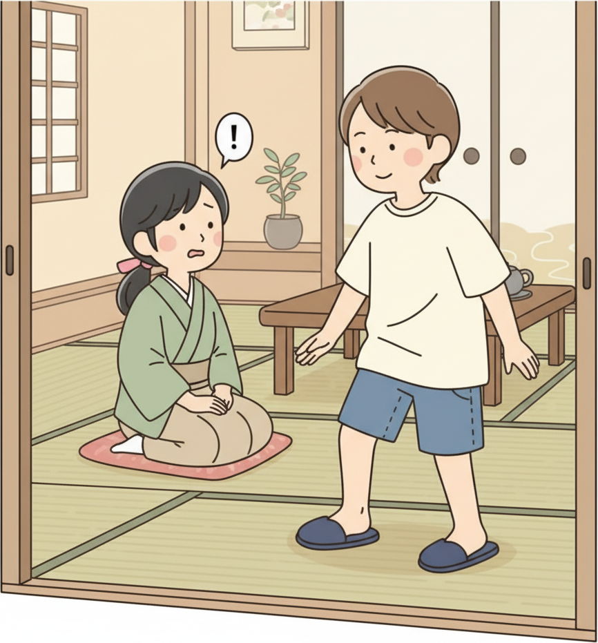 A person in house slippers walking onto tatami mats, while someone seated on the tatami looks alarmed