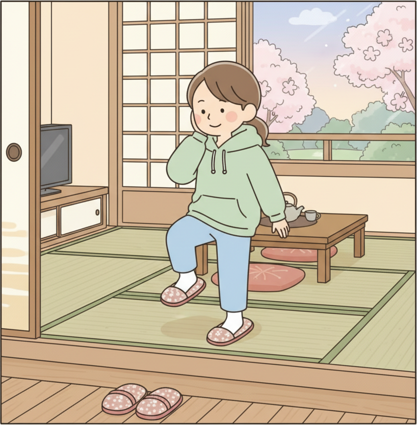 A person sitting on a tatami room floor with slippers left neatly on the wooden floor just outside the tatami edge