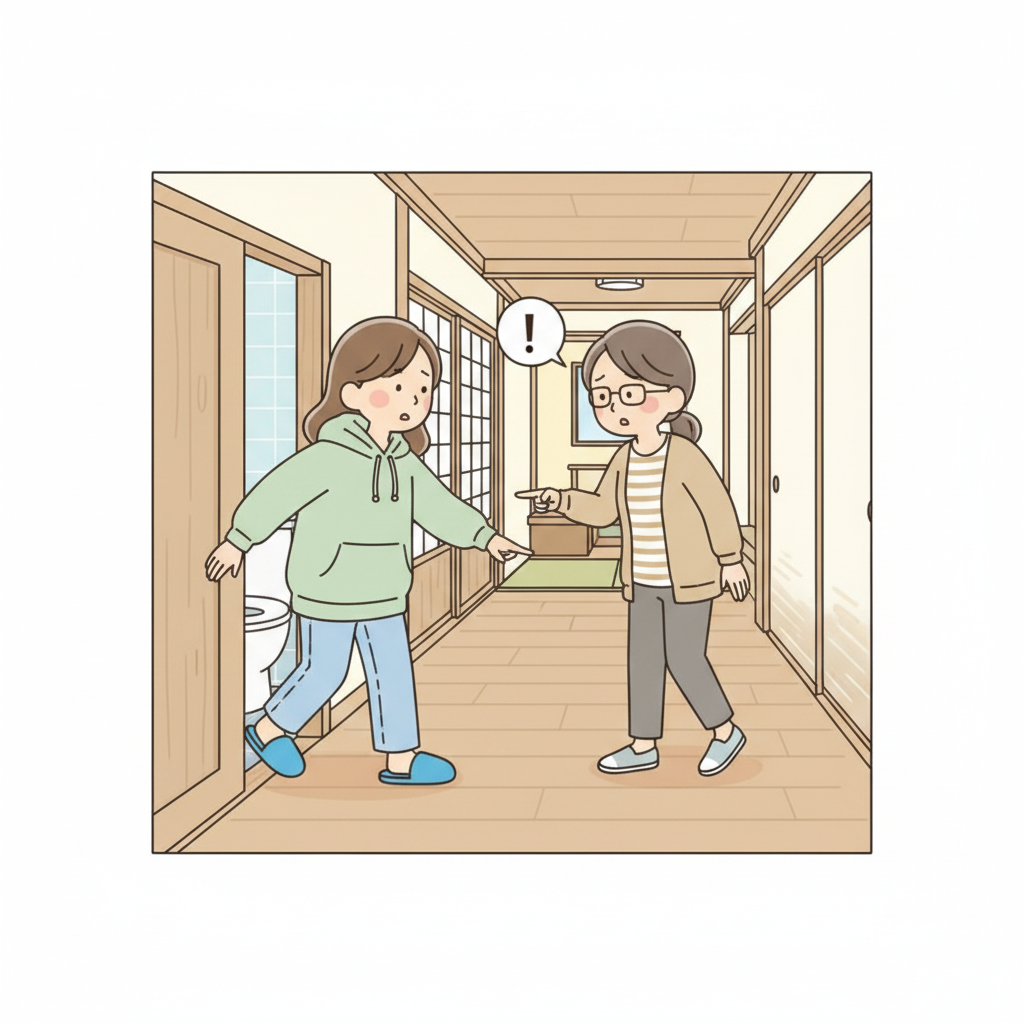 A person walking out of a bathroom into the hallway still wearing blue toilet slippers, while a family member points in alarm