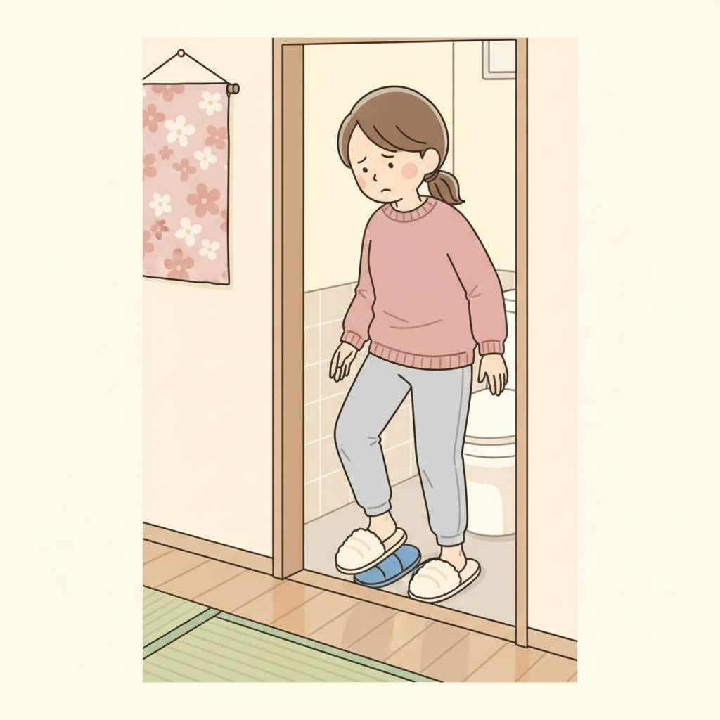 A person pausing at the bathroom doorway, carefully stepping out of toilet slippers before returning to the hallway