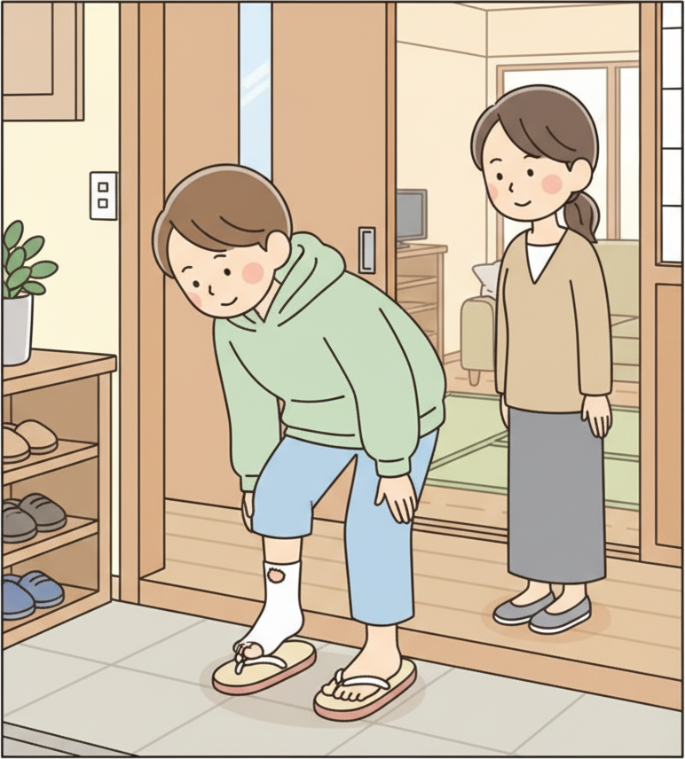 A person at a genkan removing sandals to reveal a sock with a visible hole in the toe
