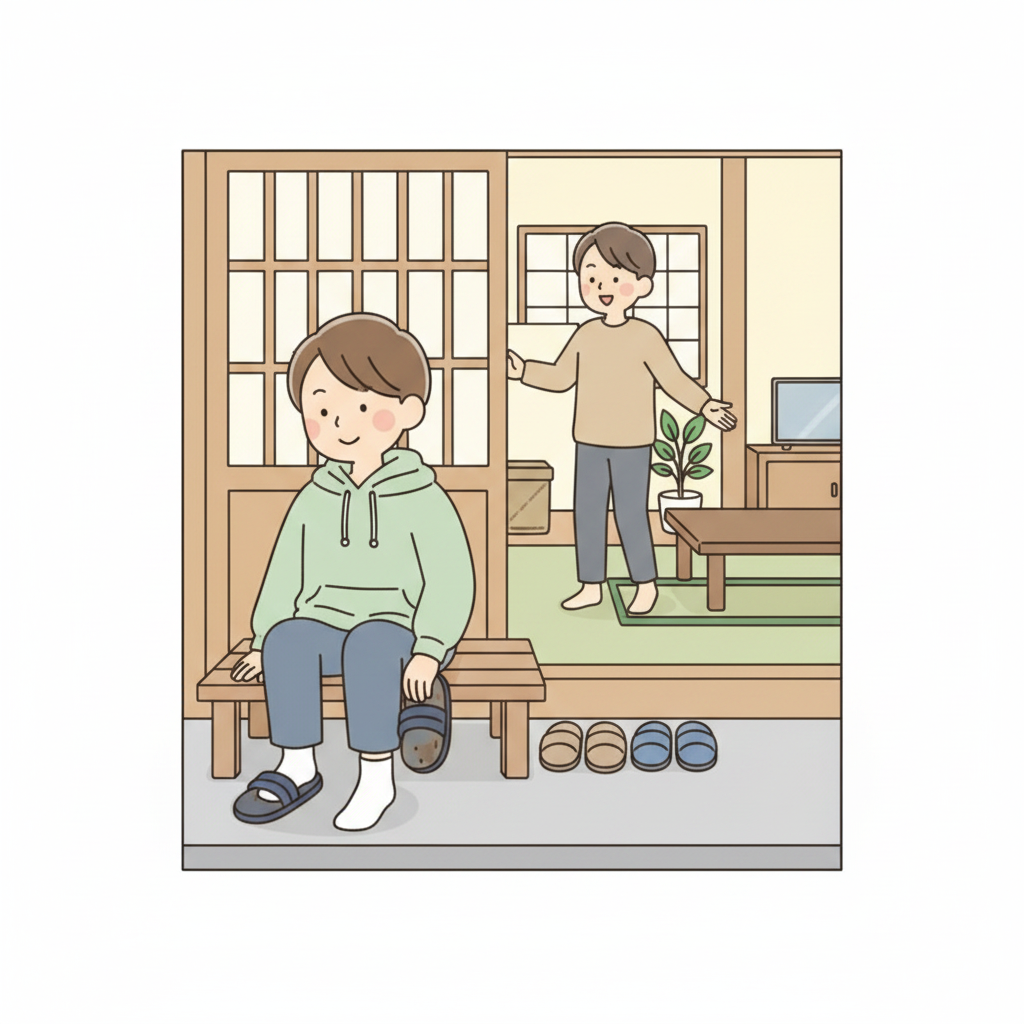 A person at a genkan putting on clean socks before stepping inside, with a smiling host waiting in the background