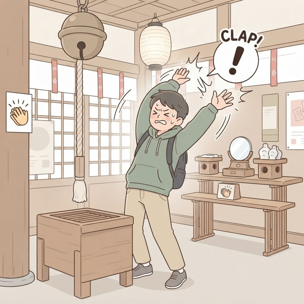 นักท่องเที่ยวหน้าแท่นบูชาของศาลเจ้ายกแขนทั้งสองข้างขึ้นเหนือศีรษะเพื่อตบมือให้ดังที่สุด