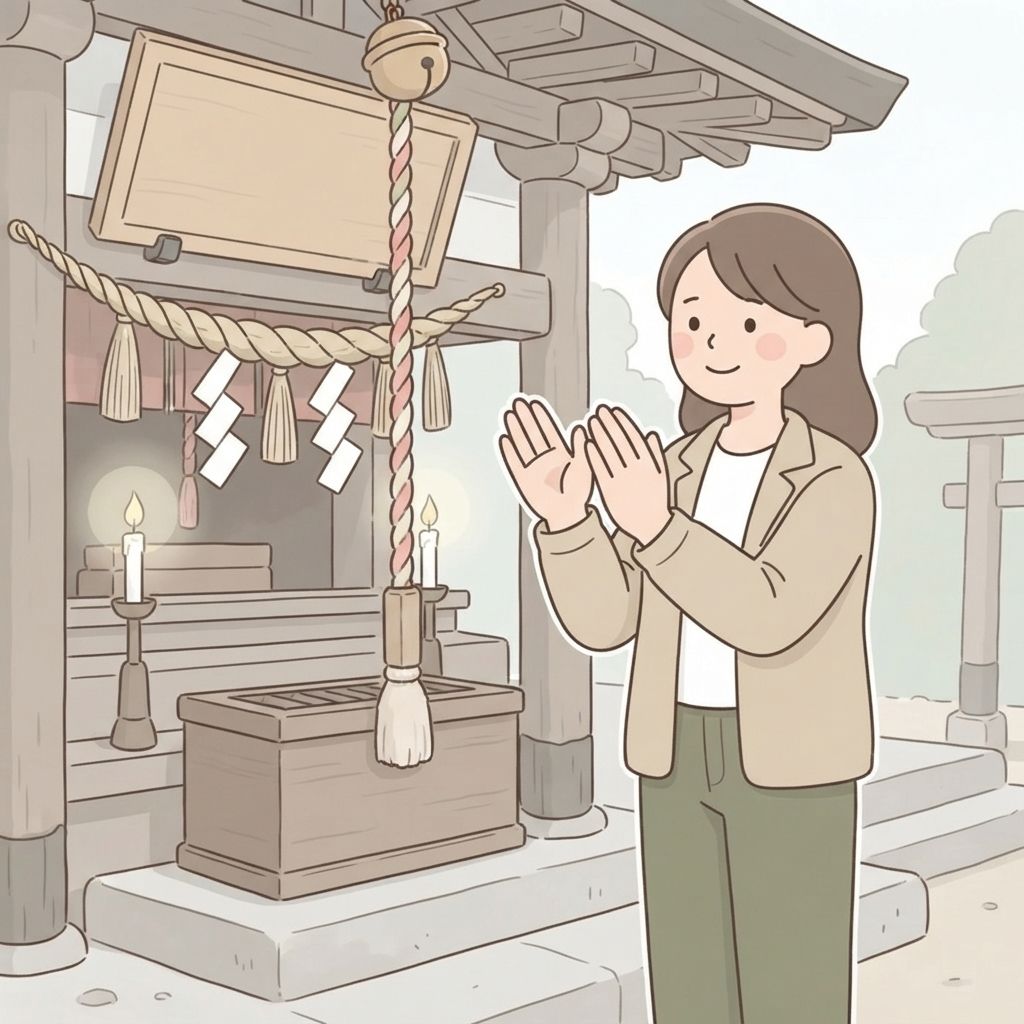 นักท่องเที่ยวหน้าแท่นบูชาของศาลเจ้าตบมือสองครั้งโดยประกบมือไว้ระดับอก ข้อศอกผ่อนคลาย