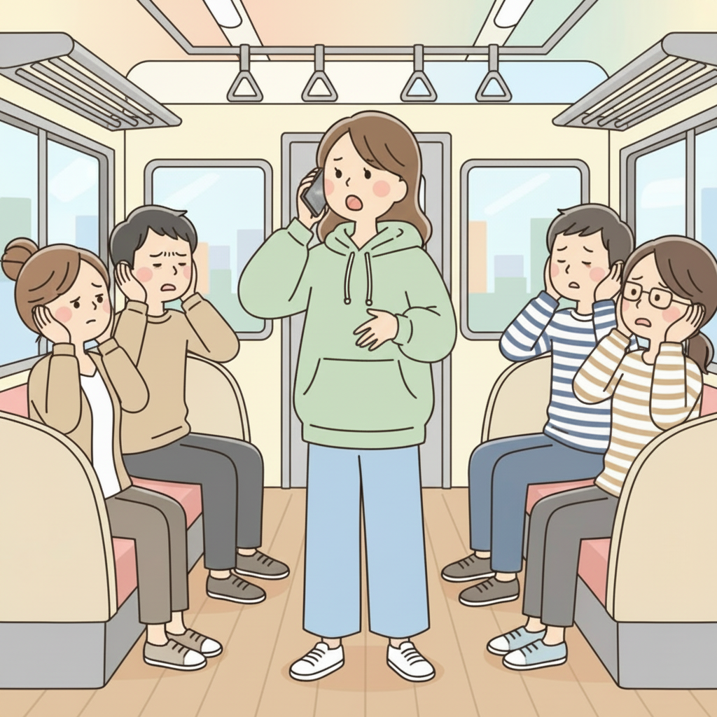 A person standing in a train car talking on their phone while four seated passengers cover their ears in discomfort