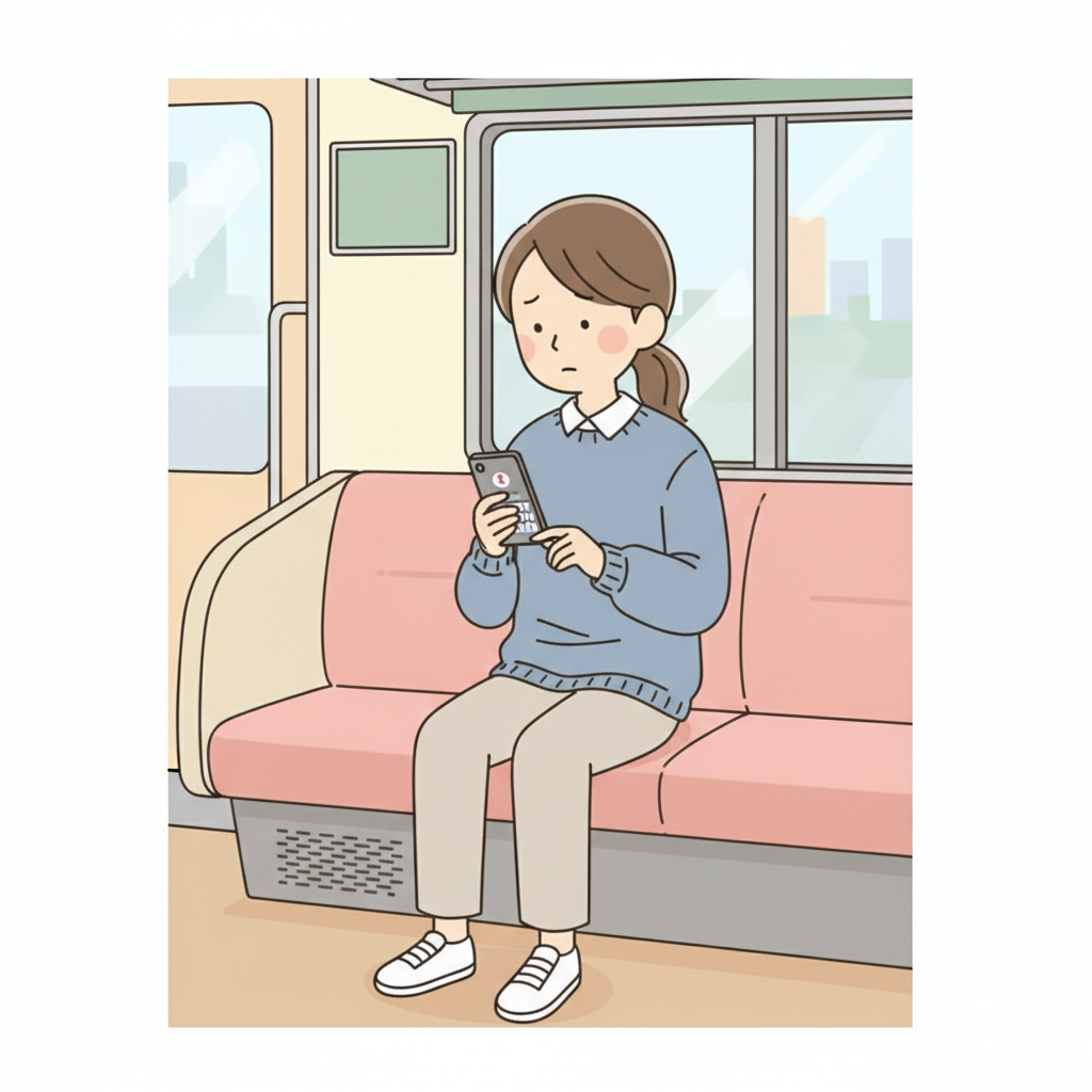 A person sitting quietly on a train, looking at a missed call notification on their phone and typing a text reply